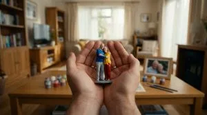 Mains tenant une figurine 3D colorée d'un couple âgé enlacé. Salon chaleureux flou avec une photo encadrée et matériel de peinture.